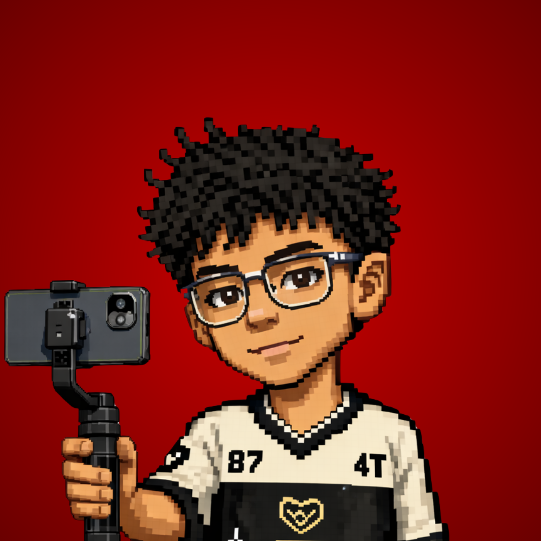 Davin con teléfono y estabilizador en estilo pixel art
